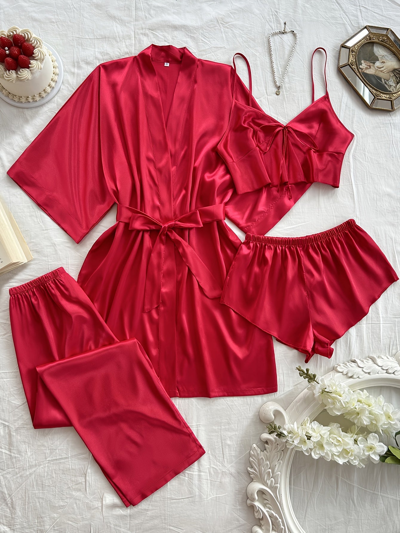 Women'S V-Neck Sexy Comfortable Robe Set with Mini Spaghetti Strap Shorts and Long Pants, Four Pieces